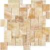 Beige and brown marble mosaic tile in Honey Onyx Mini-Versailles pattern polished finish