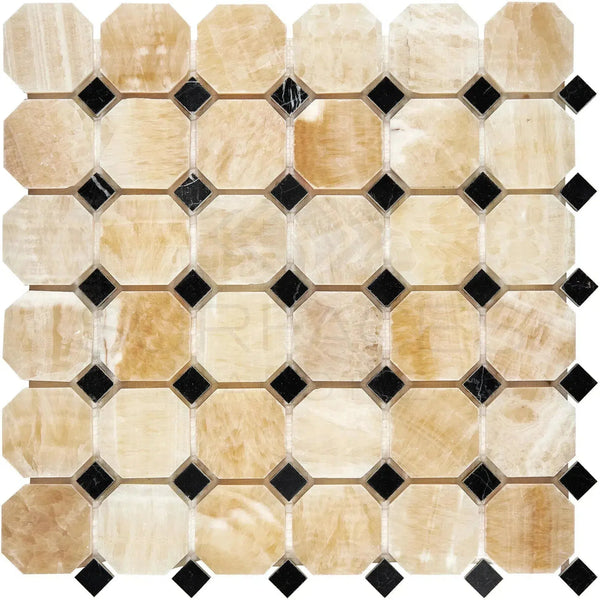 Honey Onyx Octagon and diamond tile mosaic in polished marble for elegant interiors