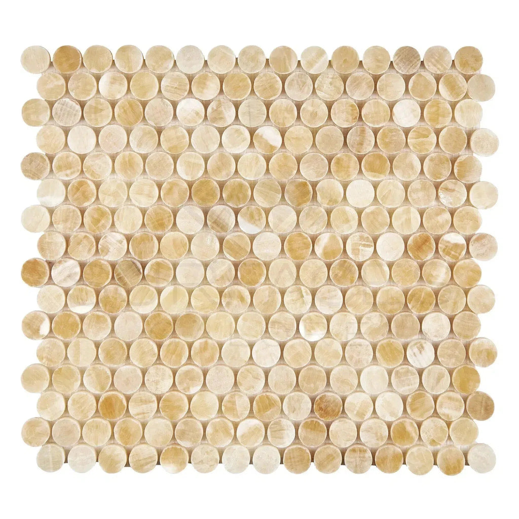 Beige and tan circular mosaic tile sheet for Honey Onyx Penny-Round Marble Tile