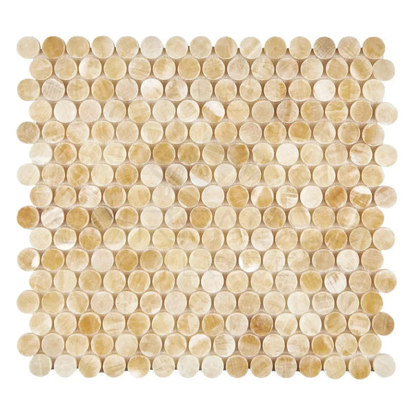 Beige and tan circular mosaic tile sheet for Honey Onyx Penny-Round Marble Tile