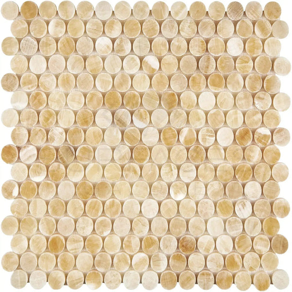 Circular yellow mosaic tiles in Honey Onyx Giallo Crystal Penny-Round Marble Tile