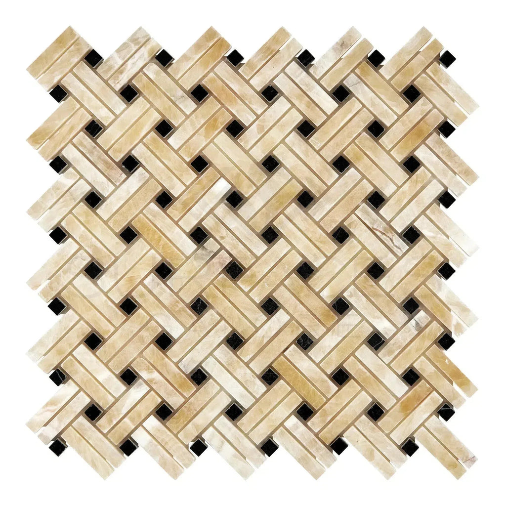 Woven beige and black mosaic tile in Honey Onyx Giallo Crystal Stanza Marble Tile Polished