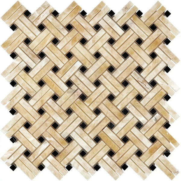 Woven beige and black tile pattern in Honey Onyx Giallo Crystal Mosaic Marble Tile