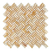 Herringbone pattern of tan and beige stone tiles in Honey Onyx Mosaic Marble Tile Polished