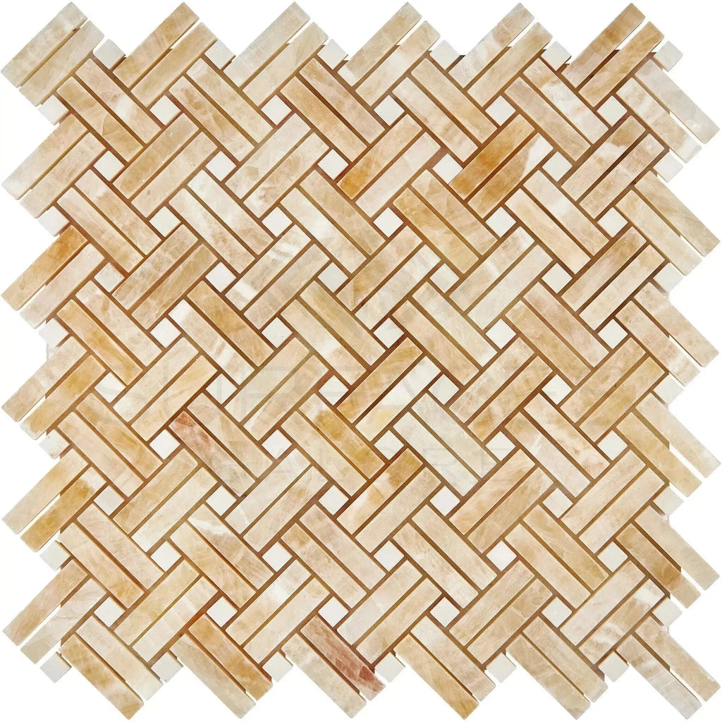 Herringbone pattern of beige and white tiles in Honey Onyx Stanza Mosaic Marble Tile