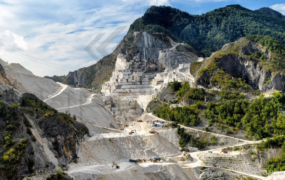 Marble stone quarry and factory showcasing the process of extracting and refining elegant natural stone surfaces for tiles.