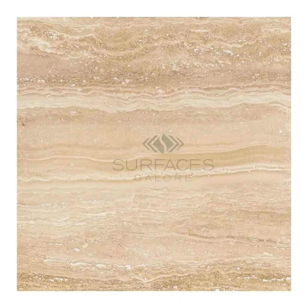 Beige travertine tile in Ivory (Light) Travertine 12X12 Vein-Cut Filled and Honed design