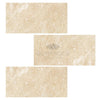 Three beige Ivory Travertine tiles 12X24 Cross-Cut Filled and Polished displayed