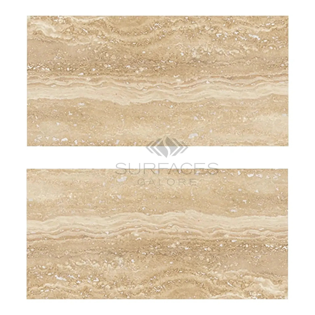 Two Ivory Travertine 12X24 vein-cut filled and polished stone tiles displayed