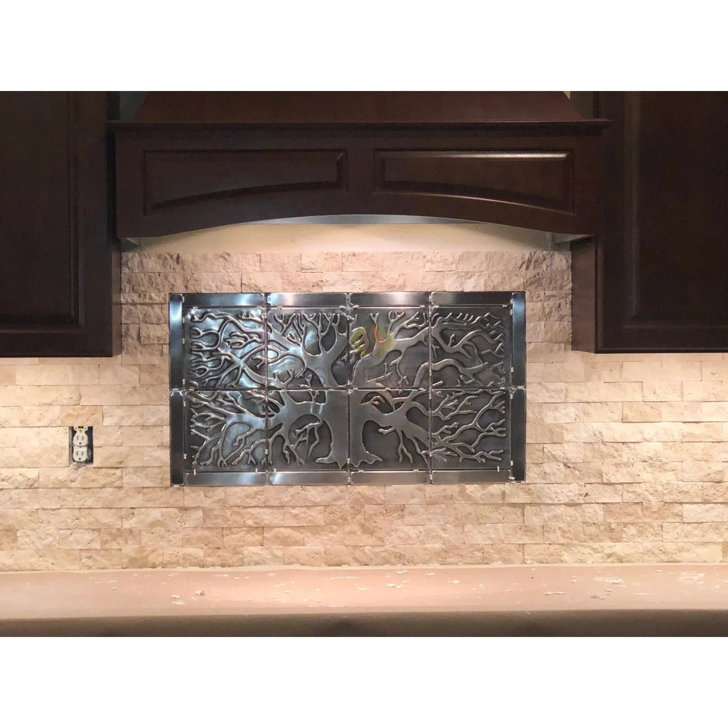 Metal tree art showcased on Ivory Light Travertine 12X24 vein-cut polished tile