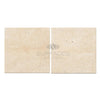 Two beige travertine tiles from the Ivory Light Travertine 16X16 Cross-Cut Tumbled collection