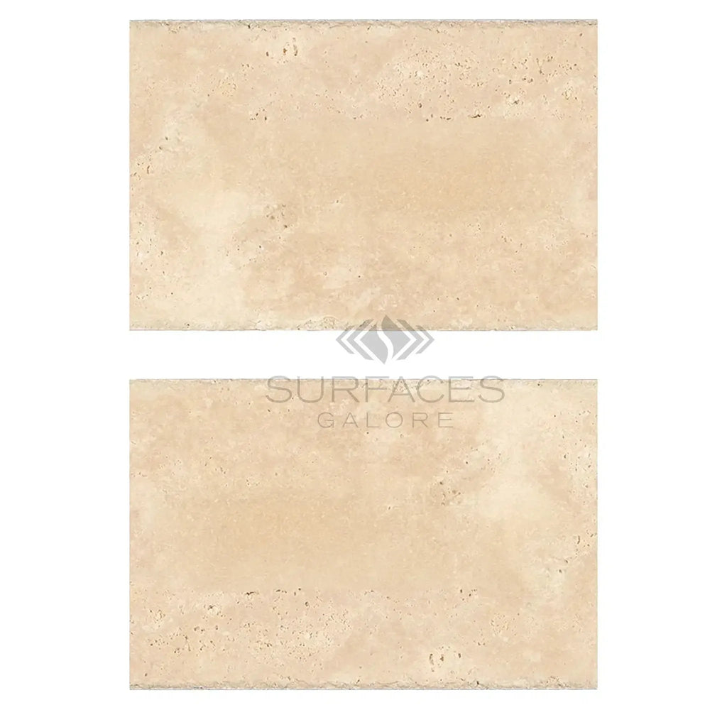 Two beige Ivory Travertine 16X24 tiles, cross-cut, unfilled, brushed and chiseled