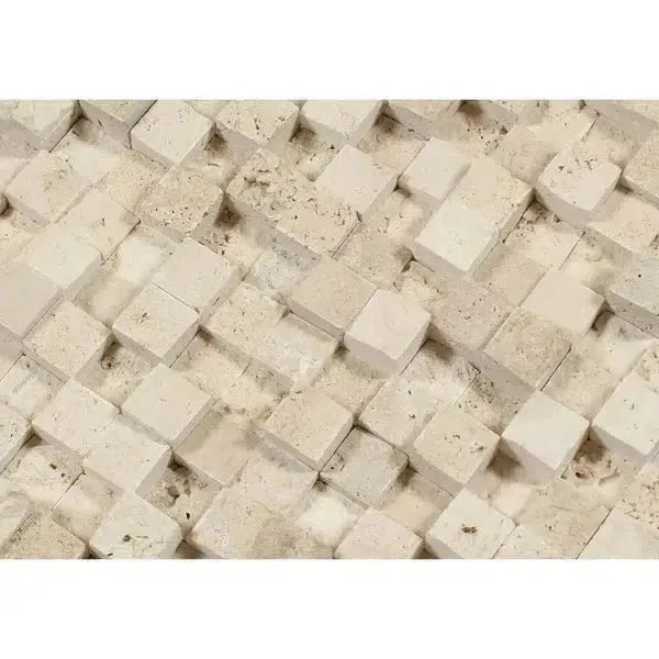 Textured beige stone cubes from Ivory Light Travertine 1X1 Hi-Low Mosaic Split-Faced