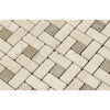 Herringbone pattern of Ivory Travertine 1X2 Pinwheel Mosaic with Noce dots tumbled