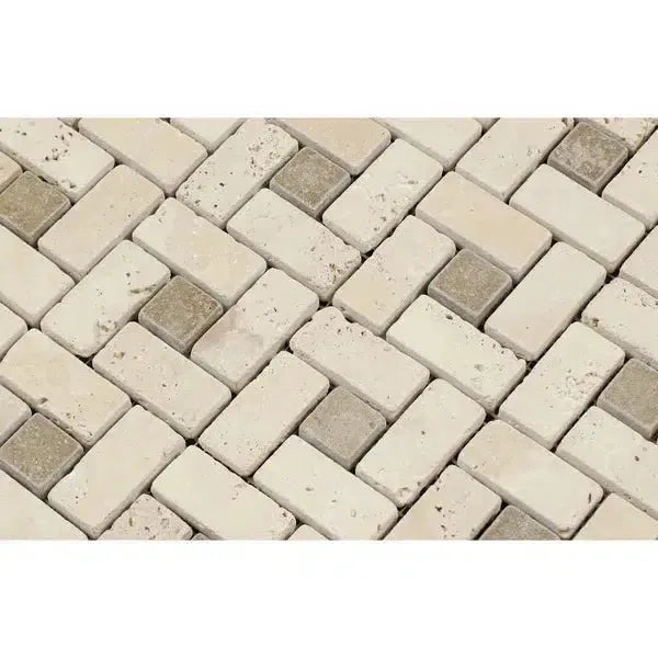 Herringbone pattern of Ivory Travertine 1X2 Pinwheel Mosaic with Noce dots tumbled