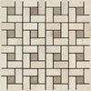 Ivory Travertine 1X2 Pinwheel Mosaic with Noce Dots in a stunning tile pattern