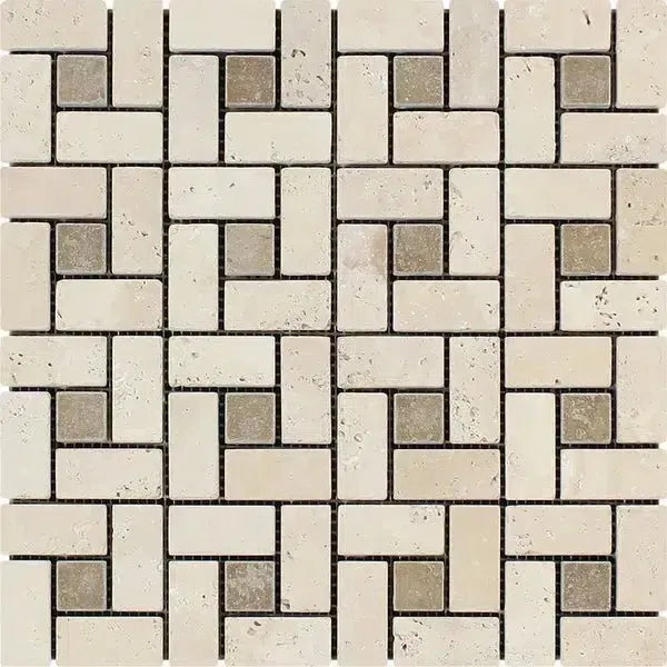 Ivory Travertine 1X2 Pinwheel Mosaic with Noce Dots in a stunning tile pattern