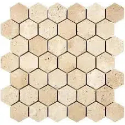 Beige hexagonal travertine tile mosaic in Ivory Travertine 2 inch design