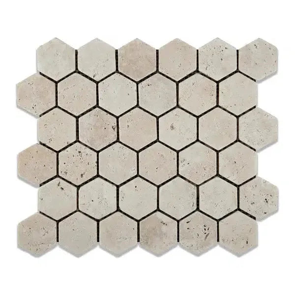 Beige hexagon tile mosaic of Ivory Light Travertine 2 inch Tumbled design