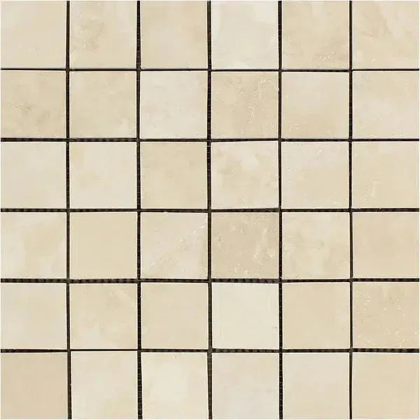 Beige square tile mosaic design in Ivory (Light) Travertine 2X2 Brick Mosaic