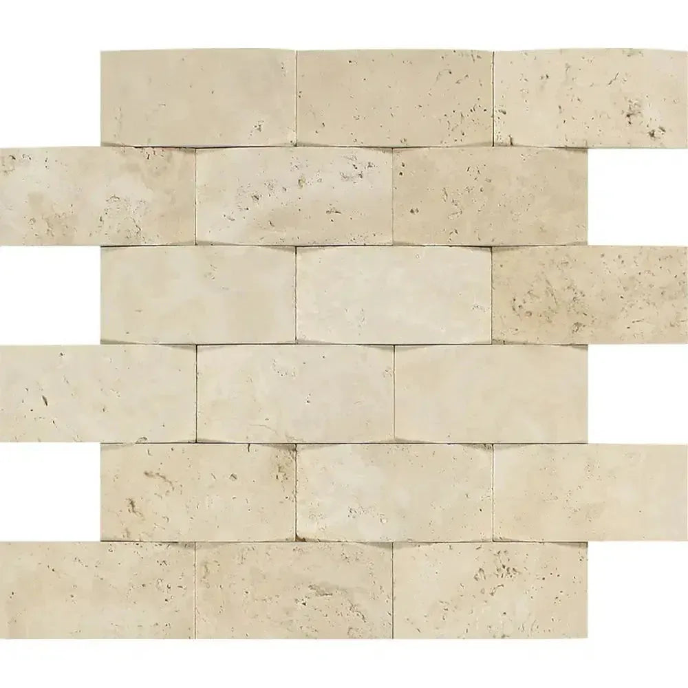 Beige travertine brick wall in Ivory Light Travertine 2x4 round-faced mosaic design