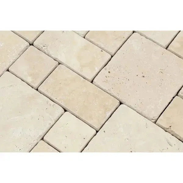 Tumbled travertine pavers in Ivory Light Travertine 3-pcs Mini-Pattern Mosaic