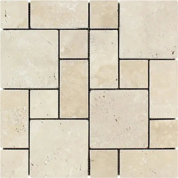 Beige travertine mosaic tile in Ivory (Light) Travertine 3-pcs. Mini-Pattern Mosaic