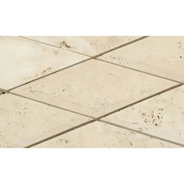 Beige Travertine tile flooring in Ivory Light Travertine 3X6 Deep-Beveled Diamond Mosaic