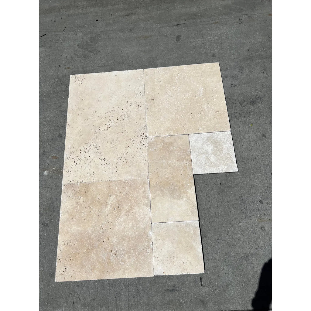 Beige travertine tile arrangement in Ivory Travertine 4 pcs Versailles Pattern Set