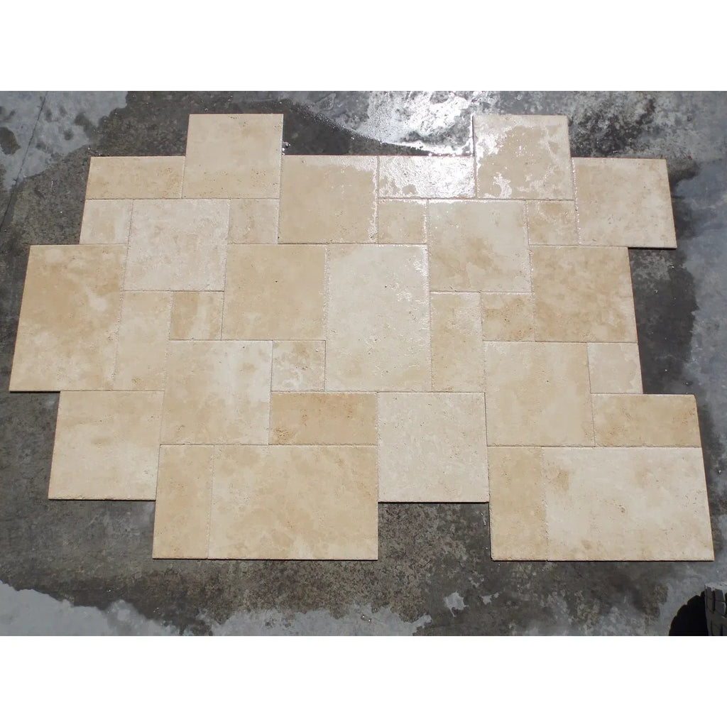 Beige travertine tile arrangement of Ivory Travertine 4 pcs Versailles Pattern Set