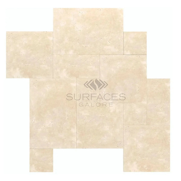 Beige travertine tile pattern of Ivory Travertine 4 pcs Versailles Set Cross-Cut