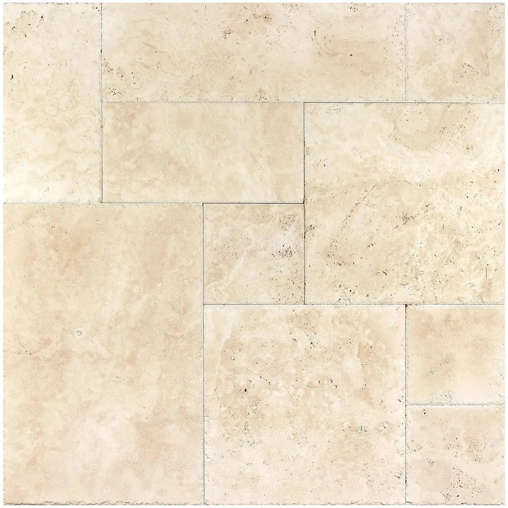 Beige travertine tile pattern in Ivory Travertine 4 pcs Versailles set, brushed and chiseled