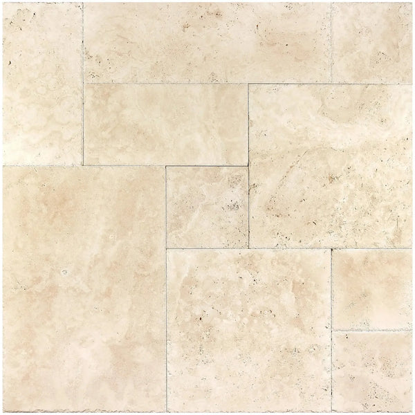 Beige travertine tile pattern in Ivory Travertine 4 pcs Versailles set, brushed and chiseled