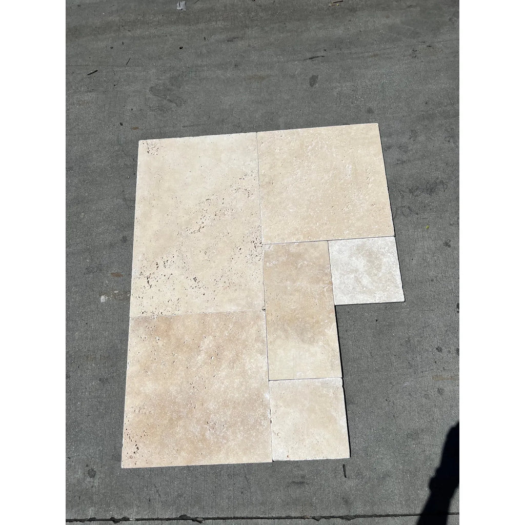 Beige travertine tile arrangement of Ivory Light Travertine Versailles Pattern set