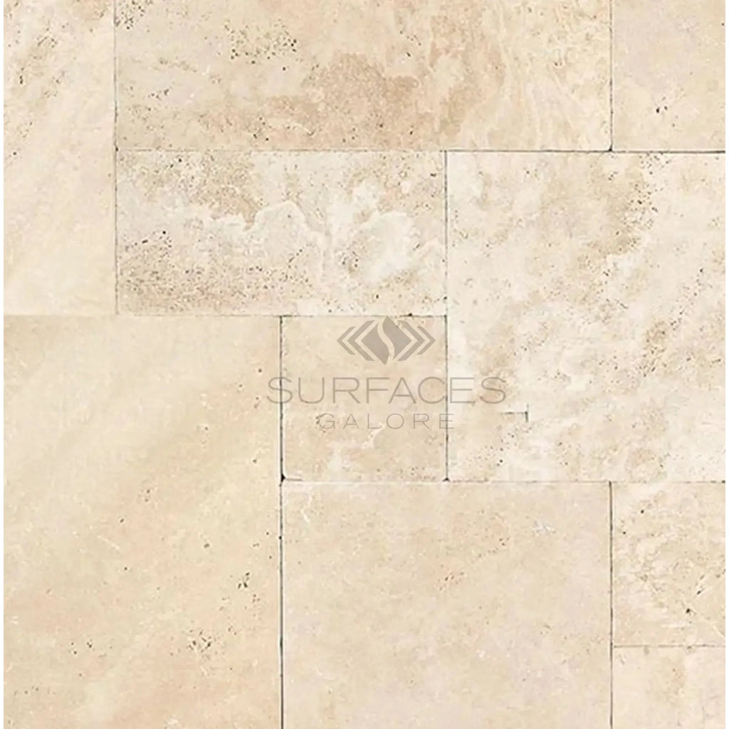 Ivory Light Travertine 4 pcs Versailles Pattern Set displayed in a cross-cut tumbled finish