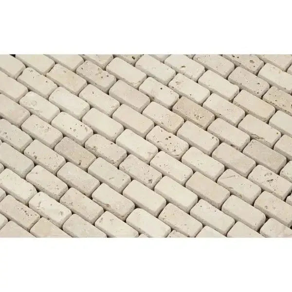 Ivory Travertine 5/8X1 1/4 Mini-Brick Mosaic Tumbled in rectangular beige brick pattern