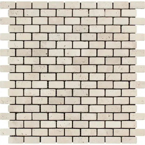 Beige brick mosaic tile in Ivory Travertine 5/8X1 1/4 Mini-Brick Mosaic Tumbled