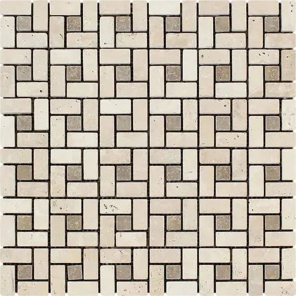 Beige and gray mosaic tile pattern in Ivory Travertine mini pinwheel design