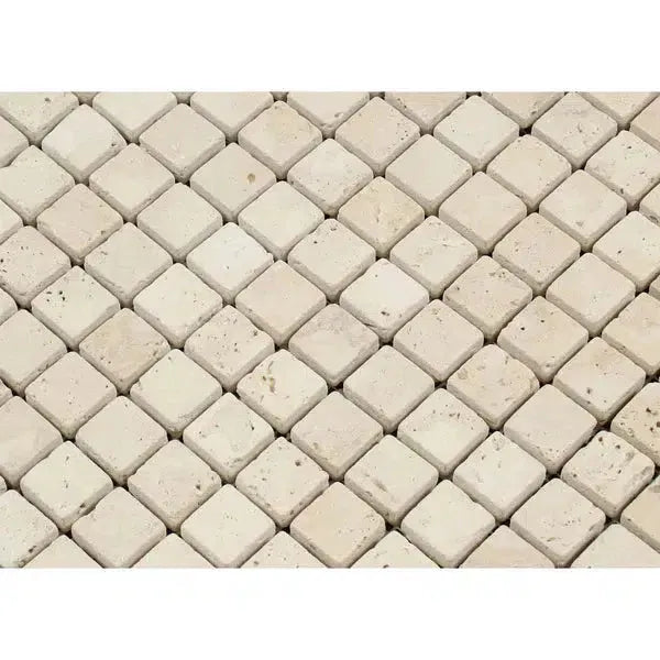 Ivory Light Travertine 5/8X5/8 Mosaic Tumbled tiles showcasing natural stone texture