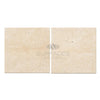 Two beige travertine tiles from the Ivory Light Travertine 6X6 Cross-Cut Tumbled collection