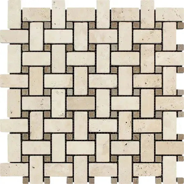 Beige and gray woven mosaic tile of Ivory Travertine Basketweave with Noce dots