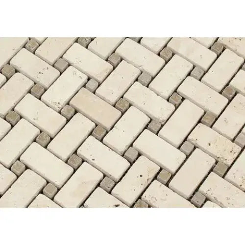 Herringbone brick and stone mosaic in Ivory Travertine Basketweave with Noce dots