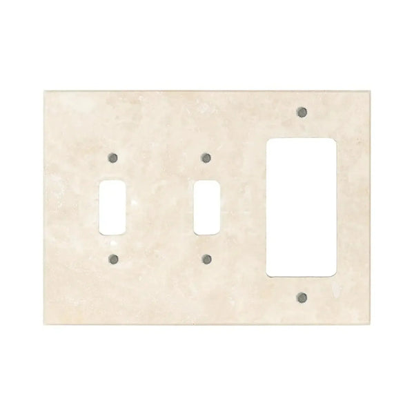 Light beige triple switch plate featured in Ivory Travertine Double Toggle Rocker Wall Plate