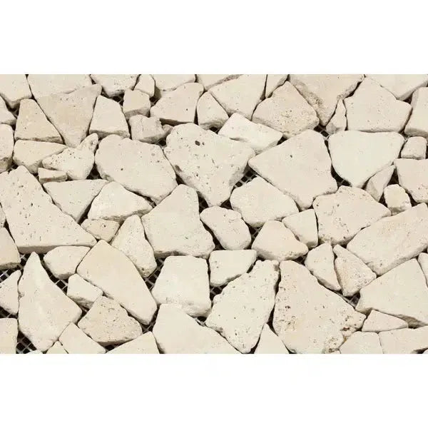 Off-white Travertine mosaic tile in Ivory (Light) Travertine Flat Pebble design