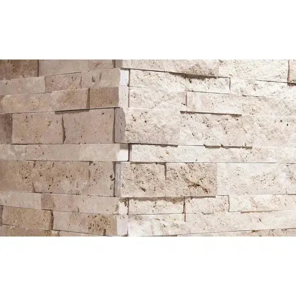 Stacked stone corner in Ivory Light Travertine Ledger-Panel Z Split-Panel design