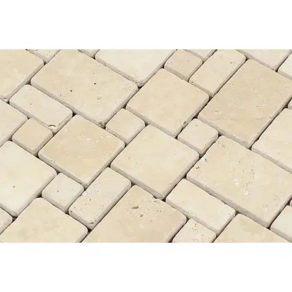 Tumbled travertine mosaic tile in Ivory Light Travertine Micro-Pattern Mini-Versailles design