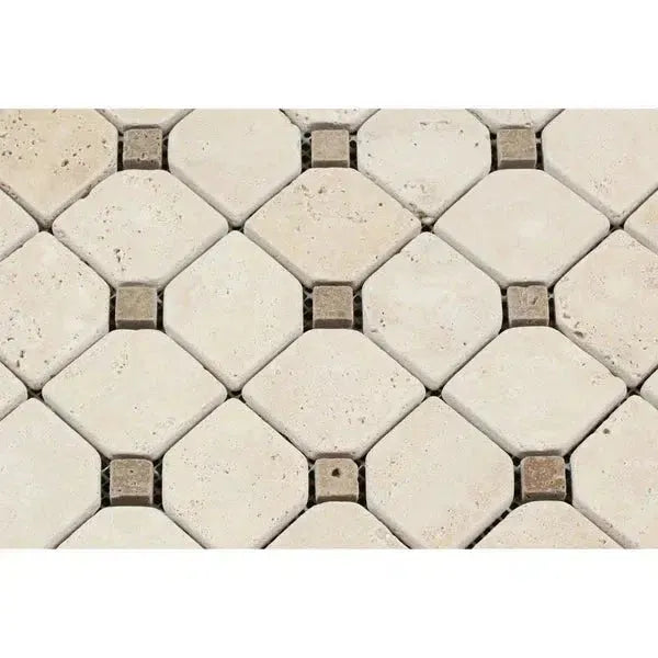 Ivory Light Travertine Octagon and Square Tile Pattern with Noce Dots Mosaic Tumbled