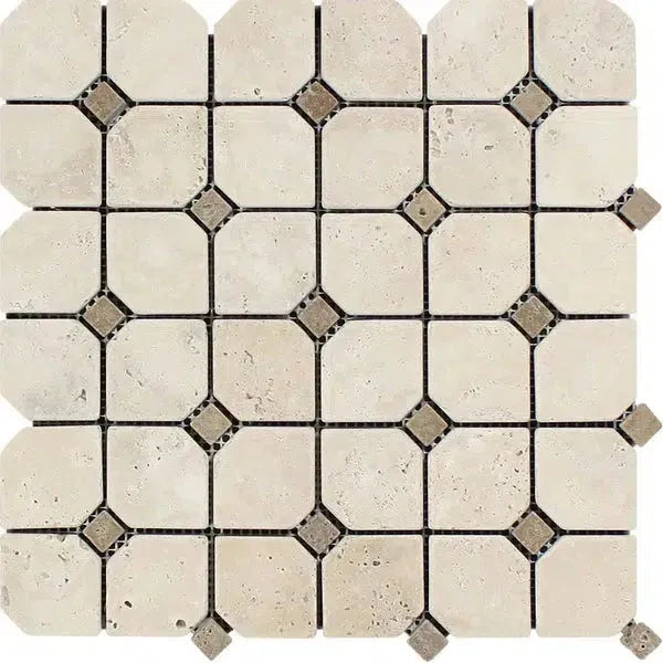 Ivory Travertine Octagon Mosaic Tile Sheet with Noce Dots in Tumbled Finish