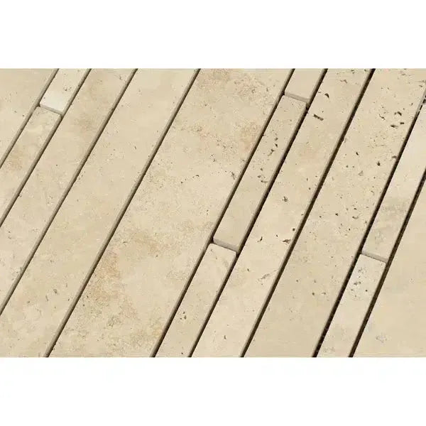 Beige travertine tile pattern of Ivory Light Travertine Random Strip Mosaic Honed