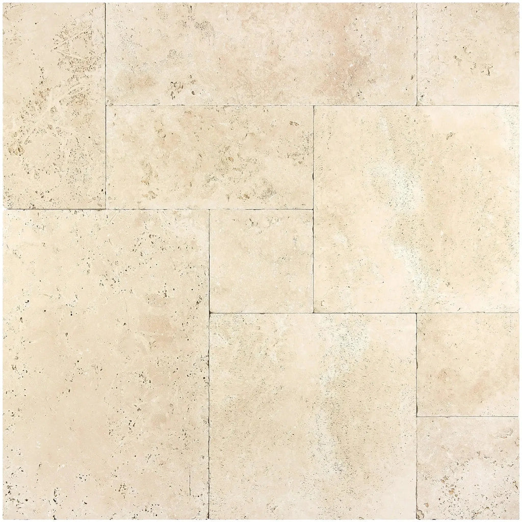 Beige travertine tile pattern in Ivory Travertine Versailles Pattern 3 cm Paver Tumbled